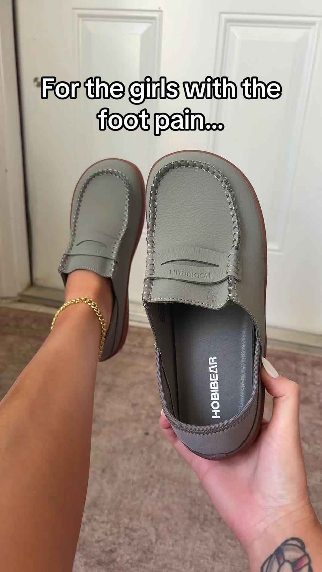 TikTok post by @super.cute.finds for HOBIBEAR Shoes. Caption reads: [...] when it comes to foot pain. 👣 @HOBIBEAR....