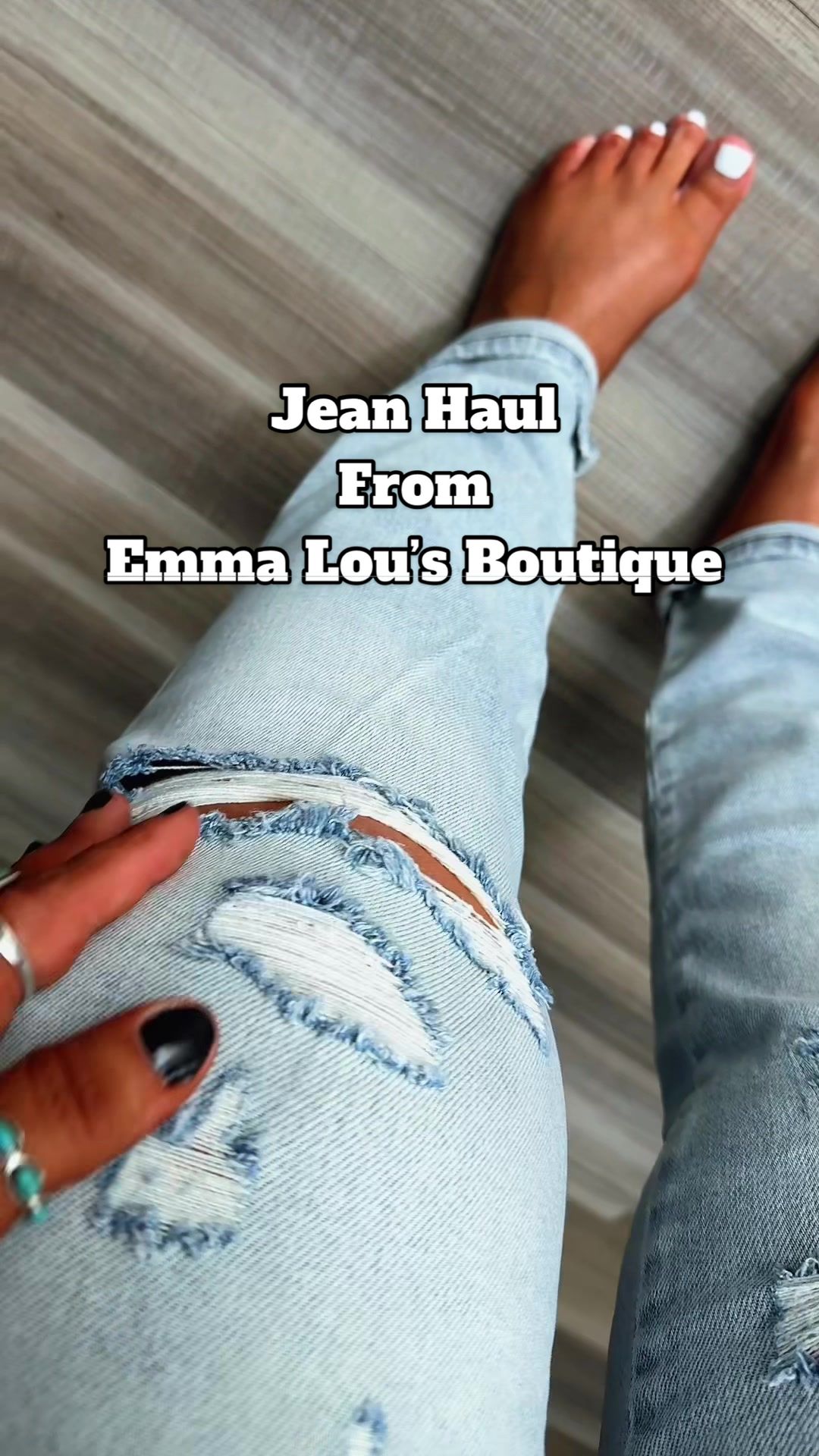 TikTok post by @ambergoobs for Emma Lous Boutique. Caption reads: I’m wearing a 15 in all jeans. However because of....