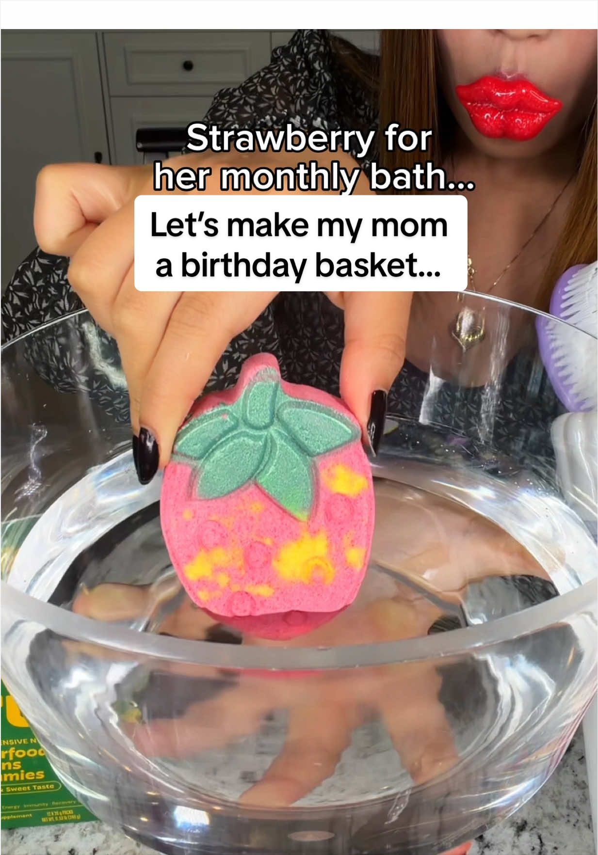 TikTok post by @kimnlizasmr for Grüns. Caption reads: [...] #birthday #surprise #mom #family @Grüns.