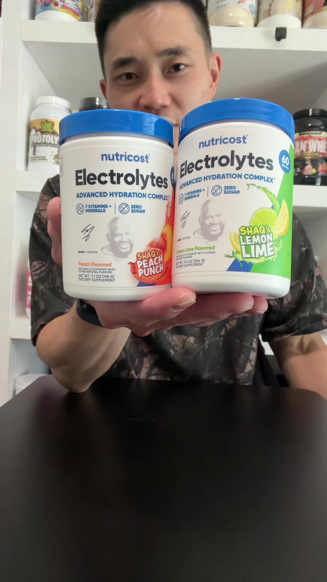TikTok post by @j_jungy for Nutricost. Caption reads: Shaq’s new flavored electrolytes with @Nutricost....