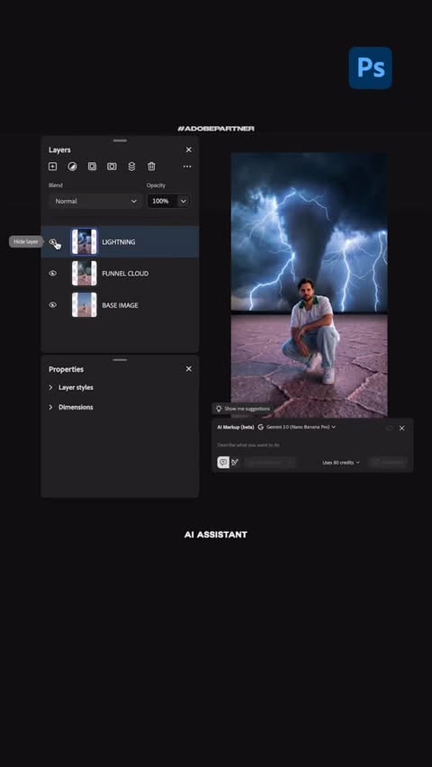 Instagram post by @justinserran for Adobe. Caption reads: Photoshop doesn’t have AI features anymore. It has....