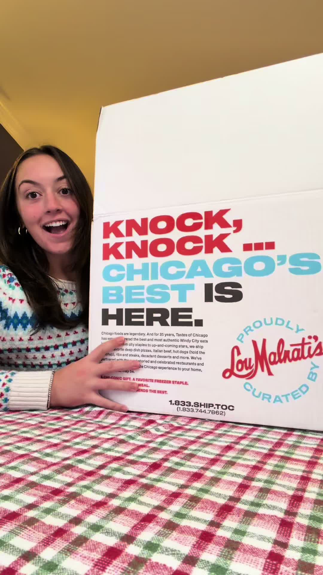 TikTok post by @maddiegoetzzzzz for Lou Malnati's. Caption reads: The greatest gift EVER for the holidays!! IF YOU....