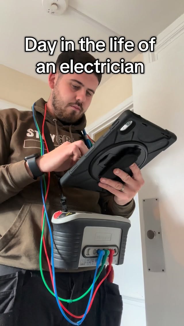Instagram post by @omelectrical_ for Screwfix. Caption reads: Day in the life of an electrician- @screwfix_uk....