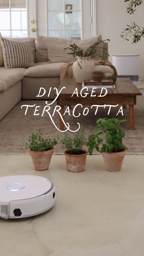 Instagram post by @rachlvalente for Narwal Robotics. Caption reads: DIY AGED TERRACOTTA POTS feat. @narwalrobot Freo....