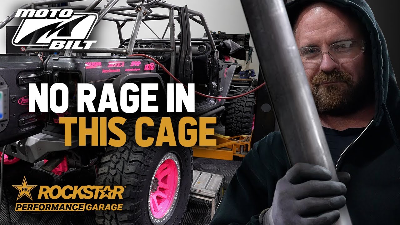 YouTube post by @RockstarGarage for Motobilt. Caption reads: We're Putting A Motobilt Roll Cage in This JLU.