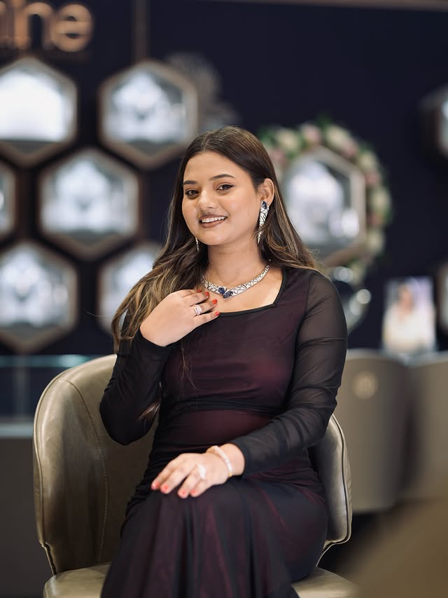 Instagram post by @sakshidhumal_official for Malabar Gold and Diamonds. Caption reads: @malabargoldanddiamonds #ADshoot #productlaunched....