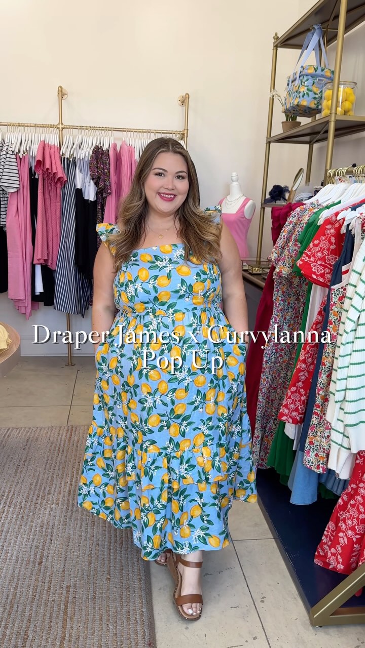 Instagram post by @curvylanna for Draper James. Caption reads: stepping into spring with @draperjames 🍋🩵🌼 shop....