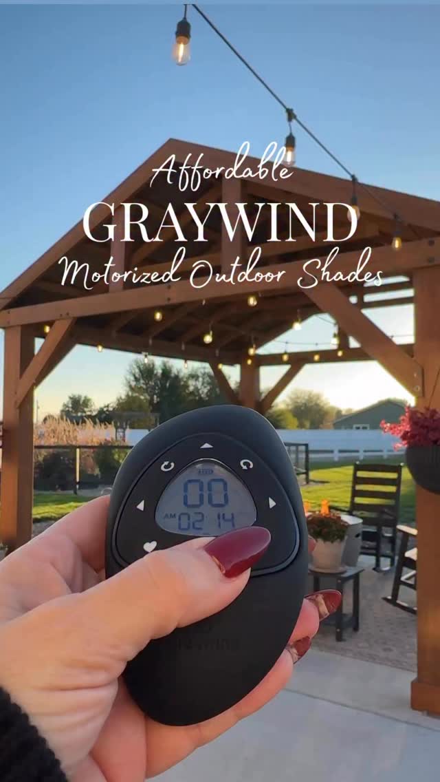 Instagram post by @theresachristinehome for Graywind. Caption reads: [...] outdoor motorized smart shades from....