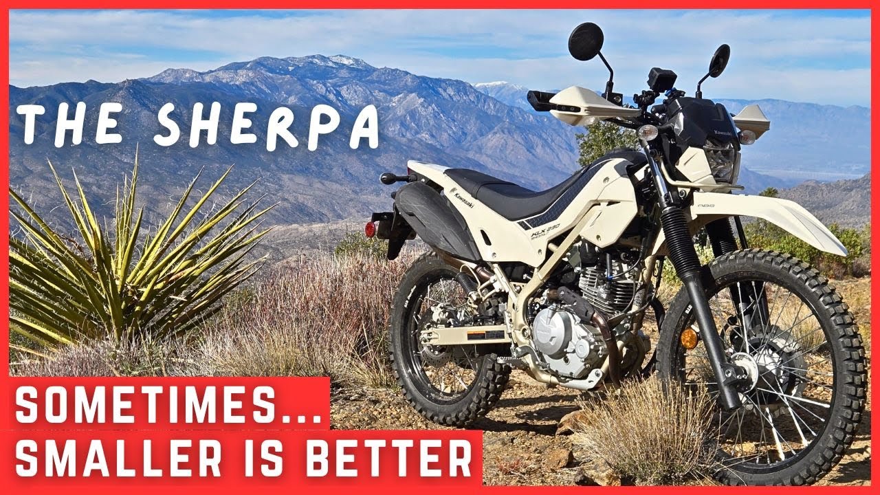 YouTube post by @BigRockMoto for CHIGEE. Caption reads: Taking the Kawasaki KLX230 Sherpa S Deep Into the....