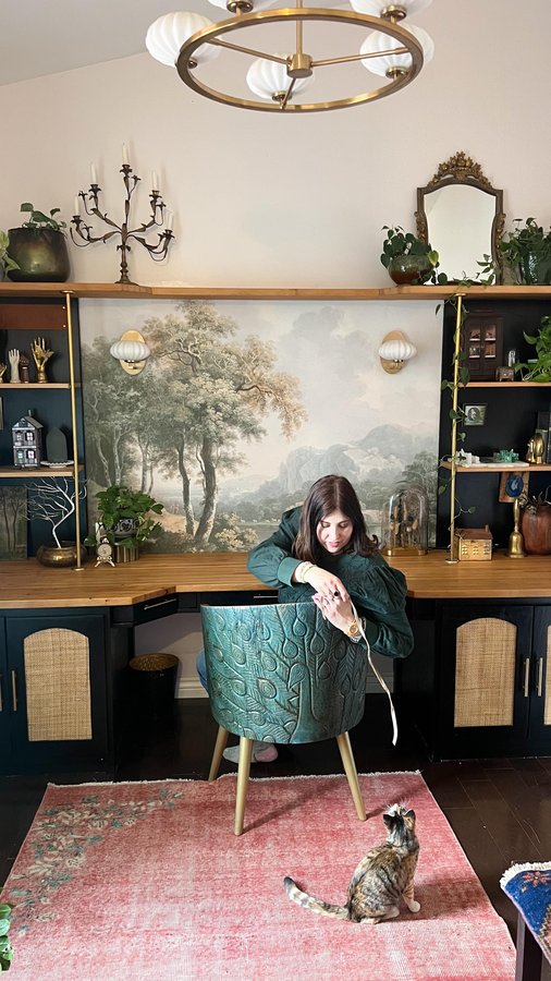 Instagram post by @thehousethatdiybuilt for WallpaperMural.com. Caption reads: Let’s put up new wallpaper from @wallpapermuralcom....