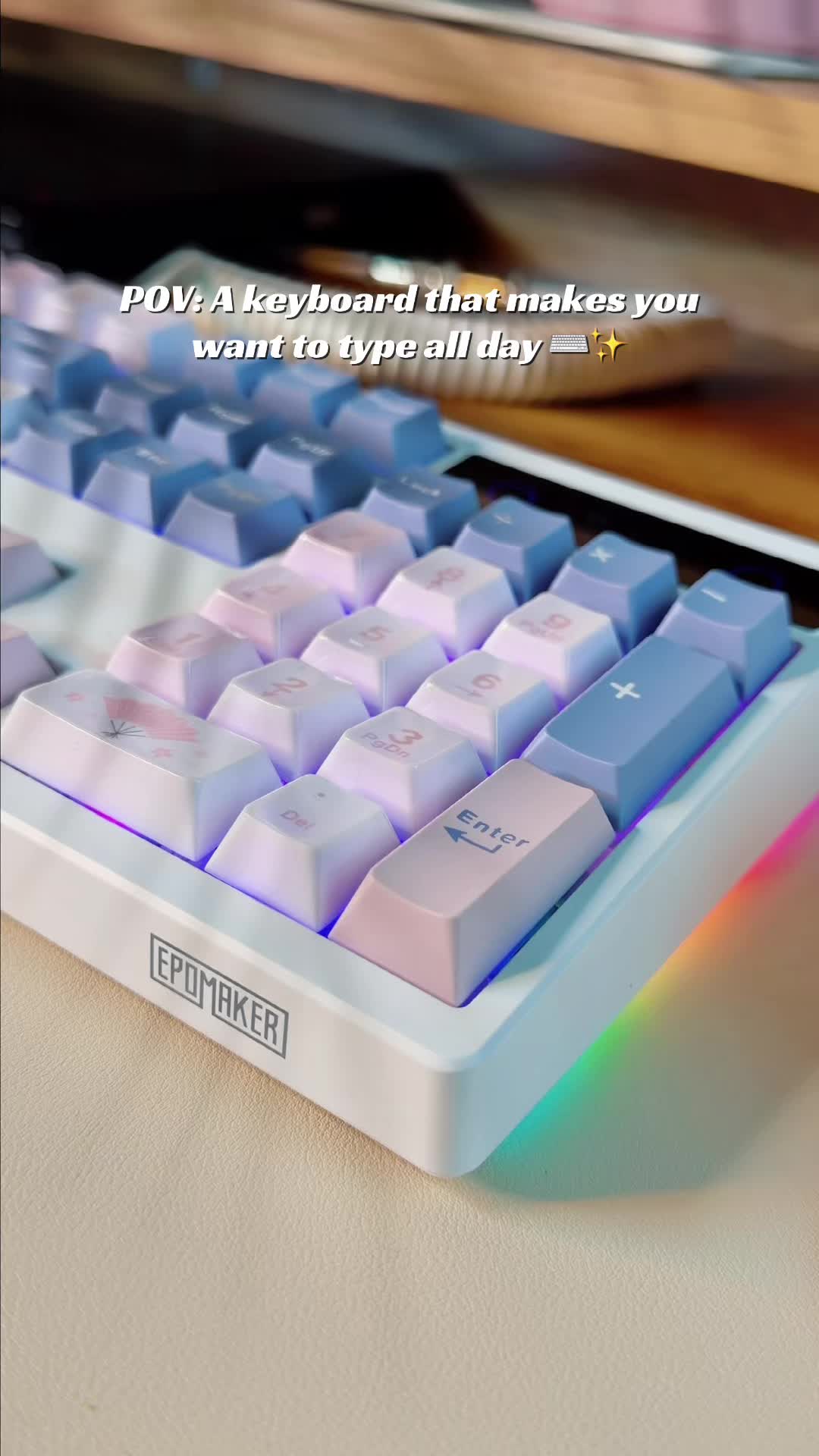 TikTok post by an influencer for Epomaker. Caption reads: [...] it through! 😅✨ Keyboard: @Epomaker Keyboard....