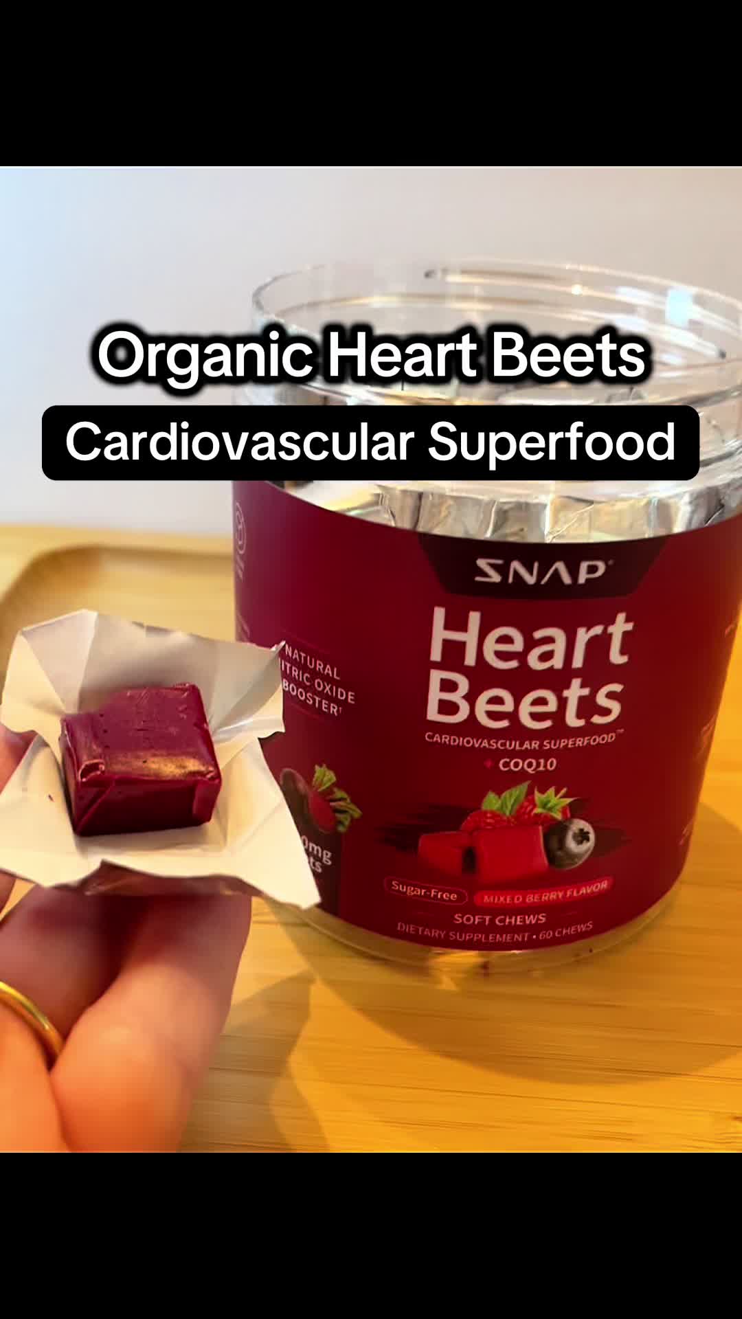 TikTok post by @heathersheartjourney for Snap Supplements. Caption reads: [...] #bloodpressuresupport #superfood @Snap....