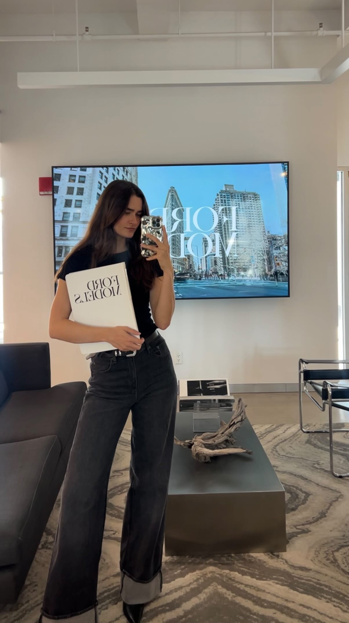 Instagram post by @dominiquespindler for Ford Models. Caption reads: Back to where it all started… now represented by....