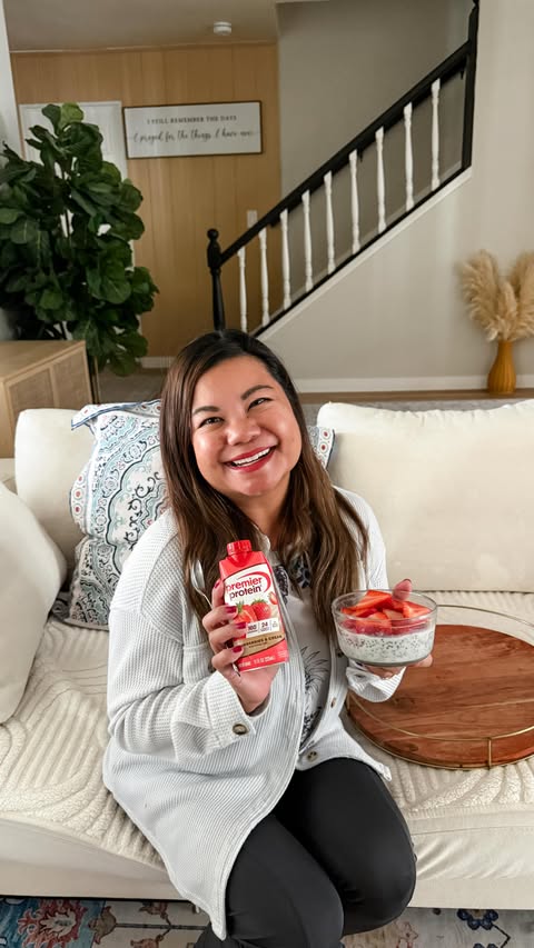 Instagram post by @junebabylove for Premier Protein. Caption reads: [...] and cream chia pudding with @premierprotein....