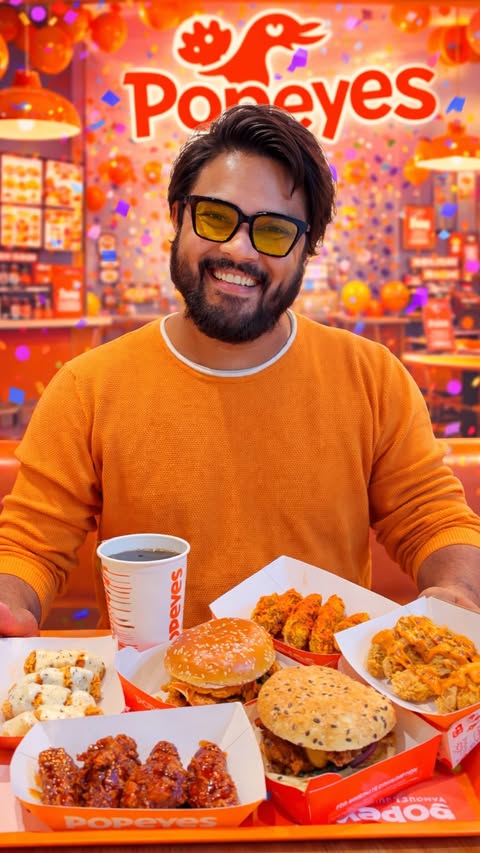 Instagram post by @bhookajaat for Popeyes. Caption reads: @popeyes_india is NOW OPEN at Pushkar Enclave,....