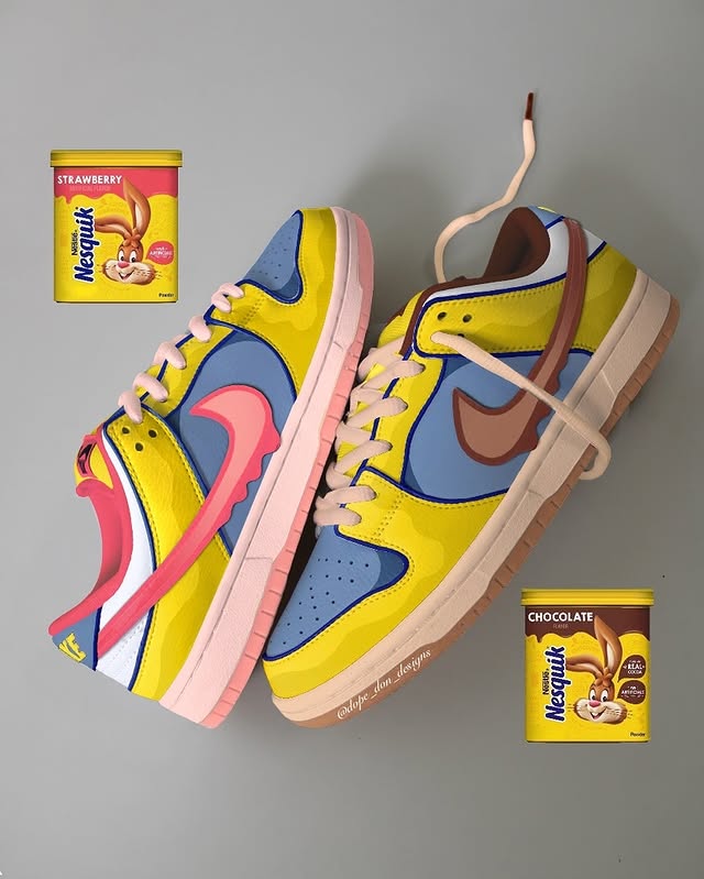 Instagram post by @dope_don_designs for Nice Kicks. Caption reads: Nesquik x Nike SB #nesquik #nesquiknation....