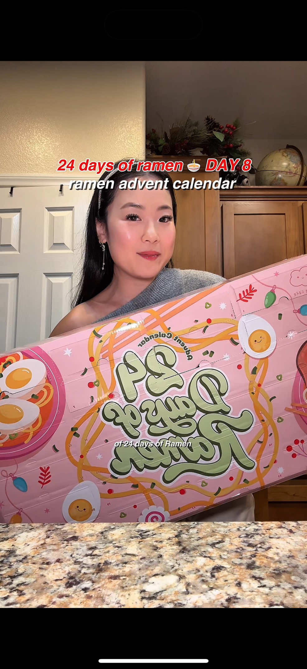TikTok post by @ireneykim for Nongshim USA. Caption reads: ITS DAY 8 @Nongshim USA @농심 (Nongshim) 🍜🩷 advent....