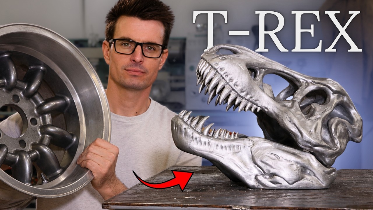 YouTube post by @robinson-foundry for Thingiverse. Caption reads: I Made This T-Rex Skull From Old Car Rims.