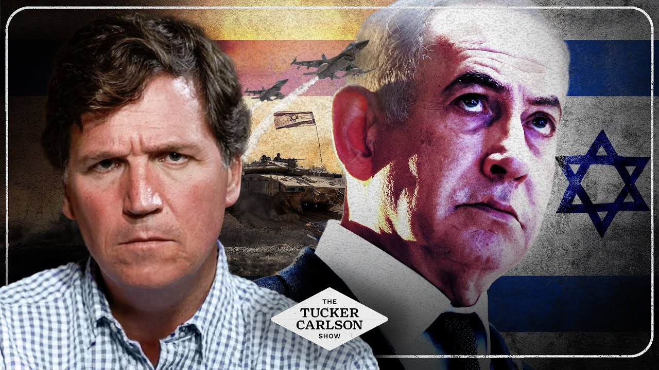 YouTube post by @TuckerCarlson for SimpliSafe. Caption reads: Why Are We Defending Mass Murder in Gaza? Because....