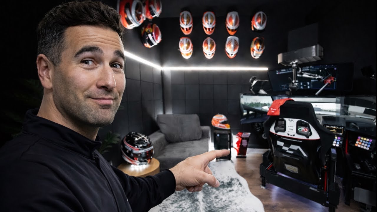 YouTube post by @danielmorad for SIMUCUBE. Caption reads: This is My DREAM Sim Racing Room... But It Won't....