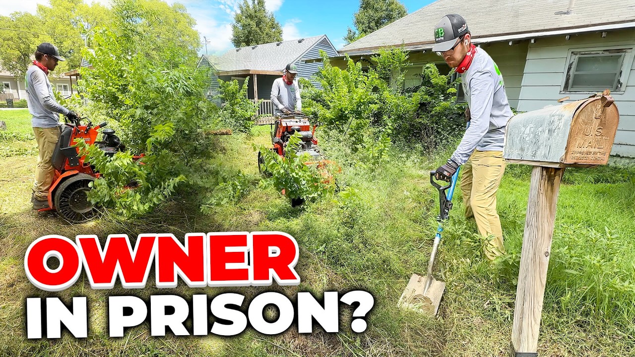 YouTube post by @SBMowing for ZipRecruiter. Caption reads: His PRISON SENTENCE left the yard to nature and....