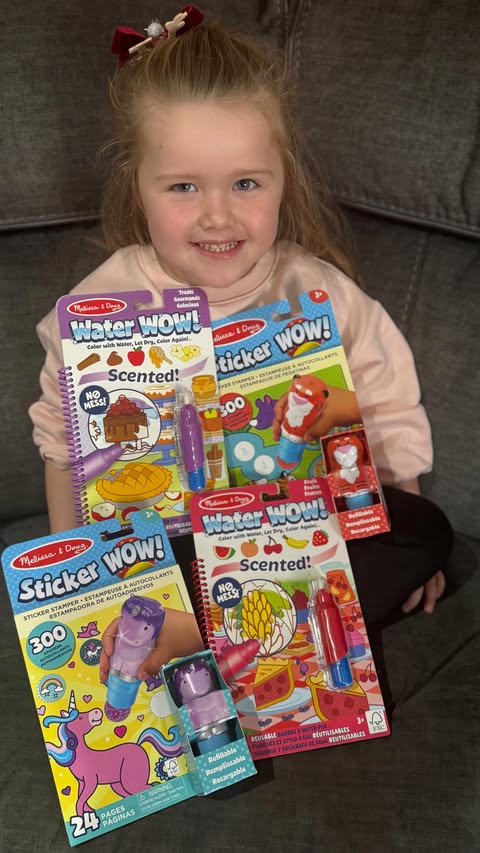 Instagram post by @harperpoppywebb for Melissa & Doug. Caption reads: Stickers and water play… but make it mess-free....