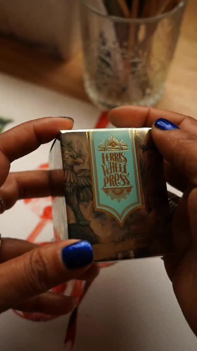 Instagram post by @petiteprocrastinator for Ferris Wheel Press. Caption reads: Painted some pine leaves with @ferriswheelpress....