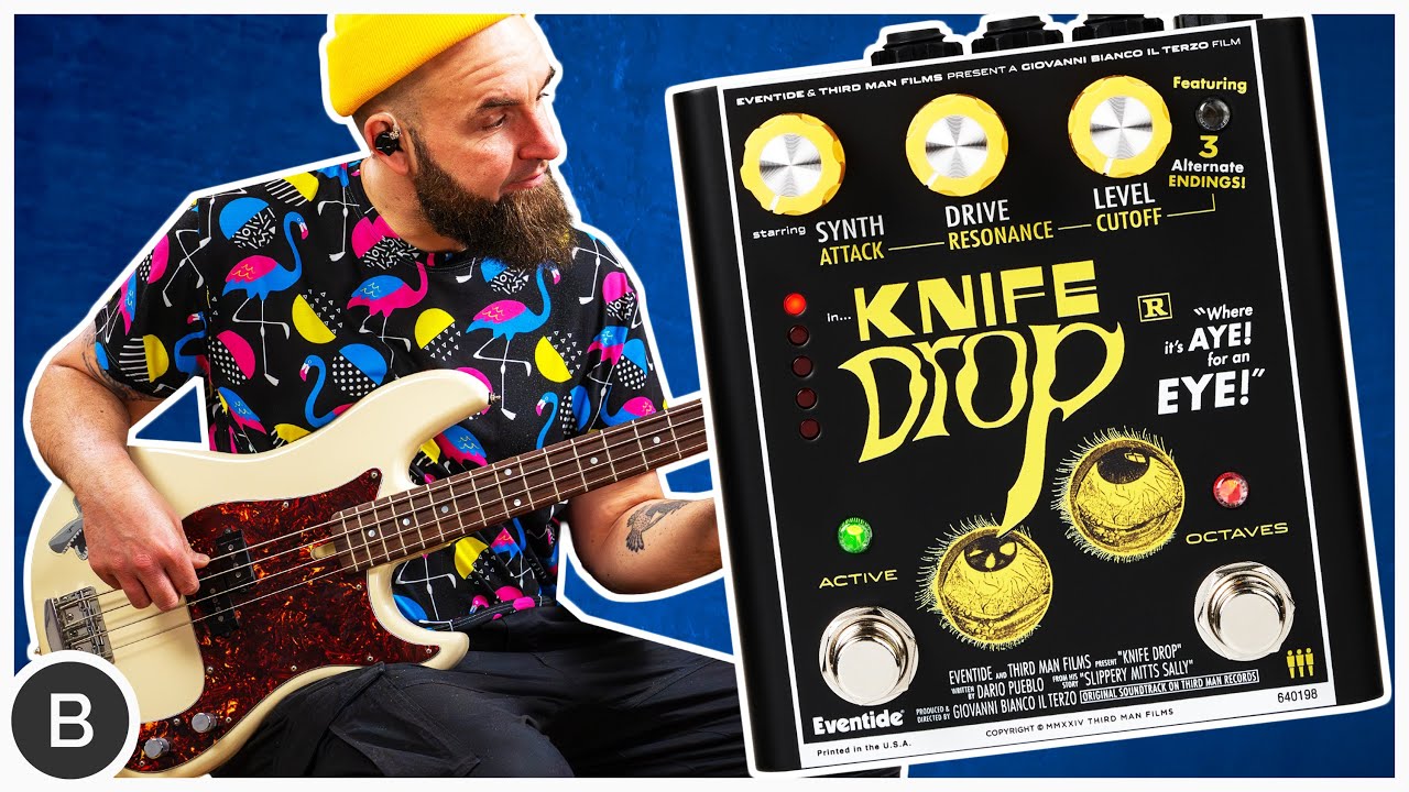 YouTube post by @basstheworldofficial for Eventide Audio. Caption reads: K*LLER NEW BASS SYNTH PEDAL !!.