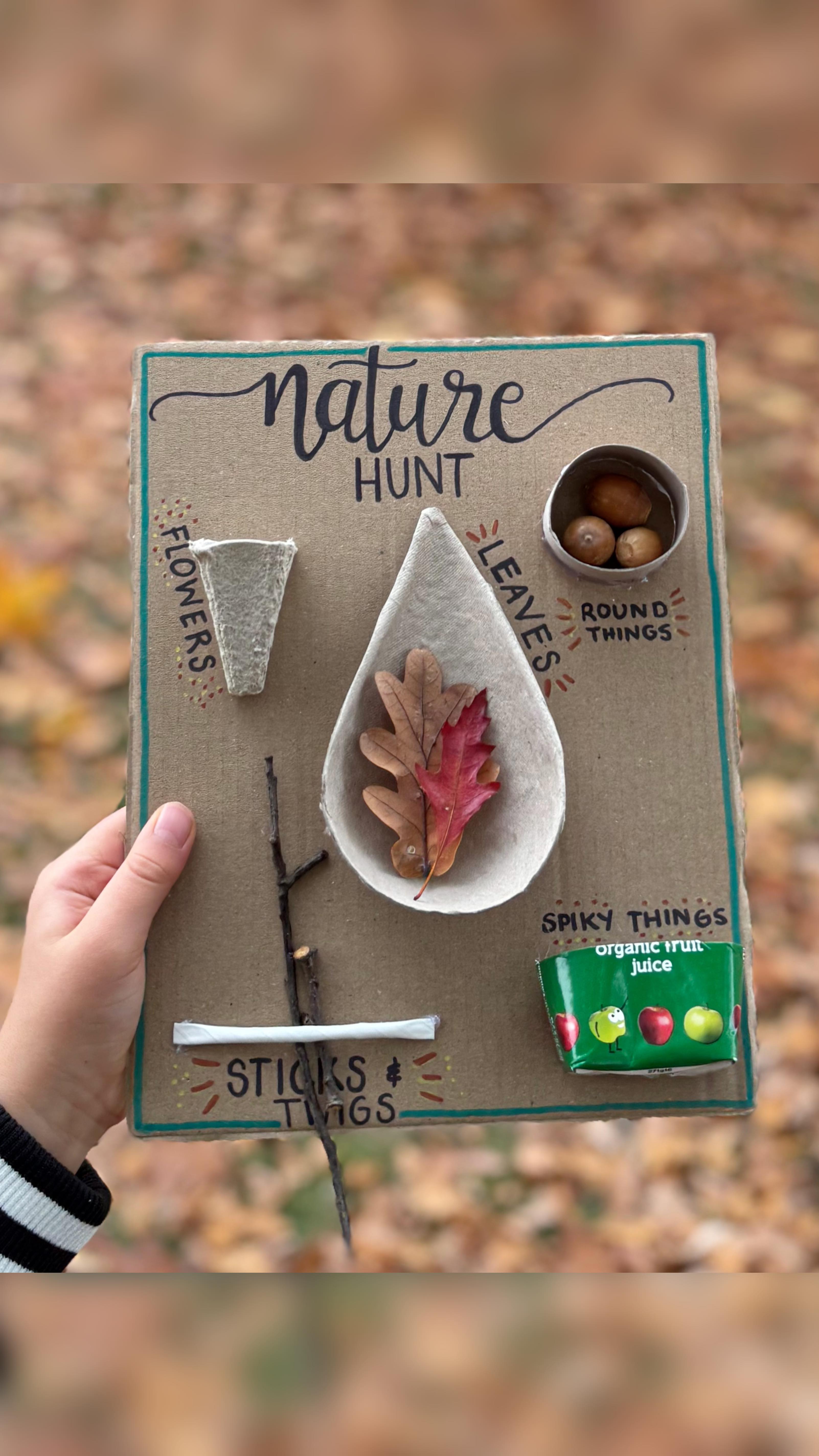 Instagram post by @creative_mama_che for Pip Organic. Caption reads: Recycled Autumn Nature Hunt Collection Board 🍁🌱....