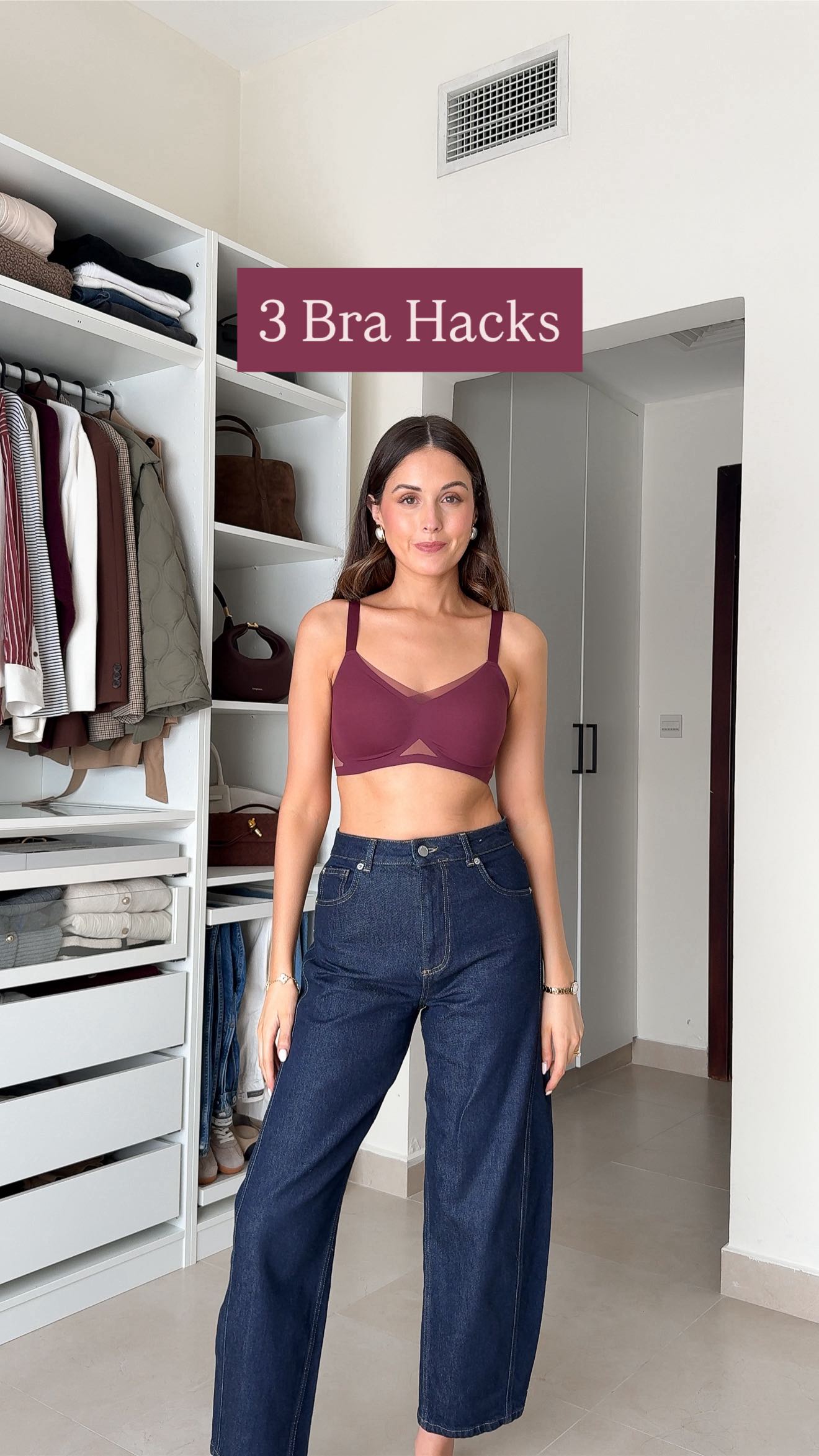 Instagram post by @jessieblue_ for Honeylove. Caption reads: 3 bra hacks for awkward necklines 🩷 wearing my....