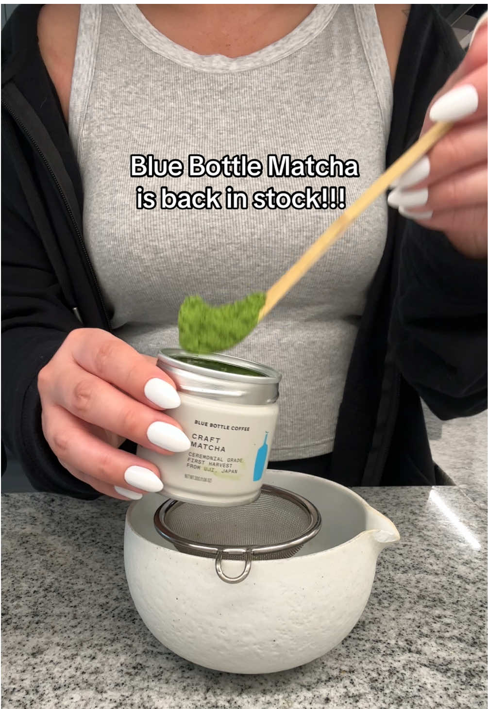 TikTok post by @adventureswithrene for Blue Bottle Coffee. Caption reads: [...] #matchalatte #fypシ #foryou @Blue Bottle....