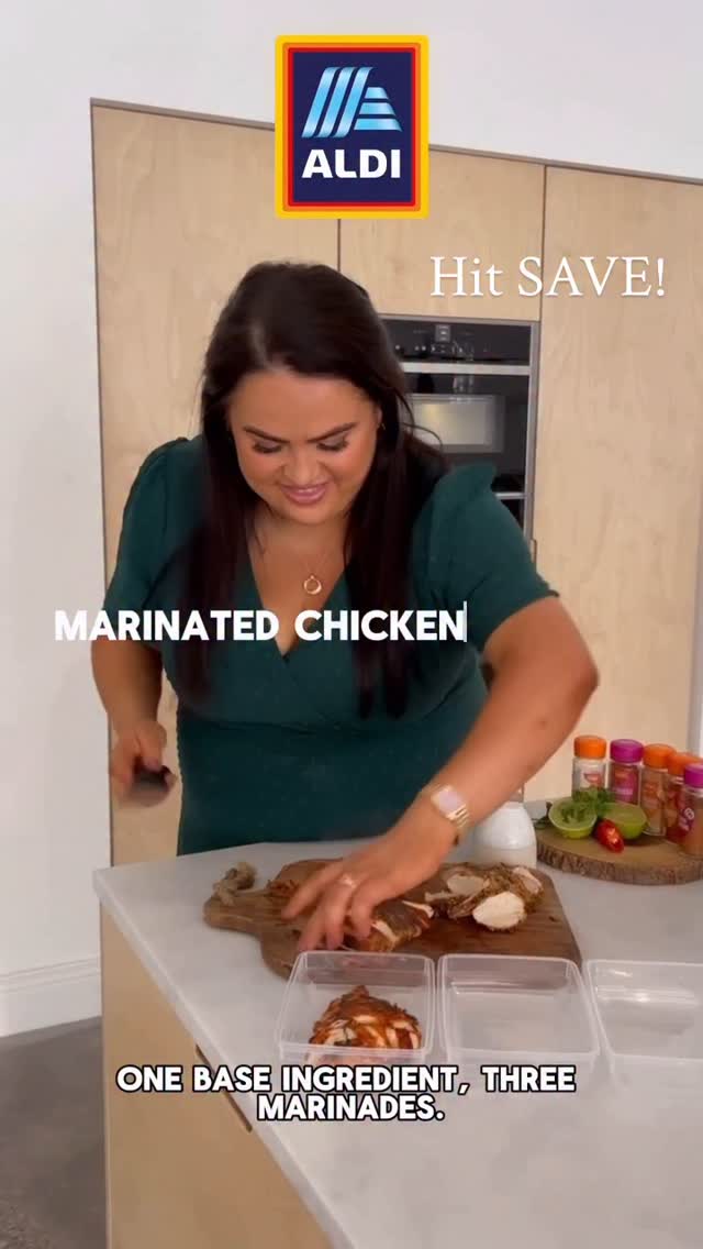 Instagram post by @trishas.transformation for Aldi UK. Caption reads: One chicken breast, three marinades. Simple, full....