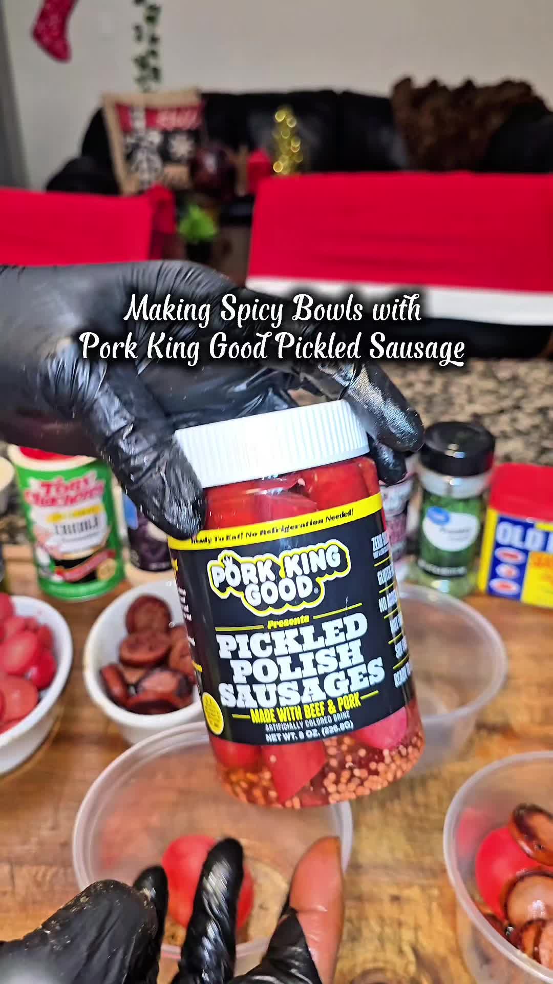 TikTok post by @chefshonjay for Pork King Good. Caption reads: Try Pork King Good Pickled Sausages for in your....