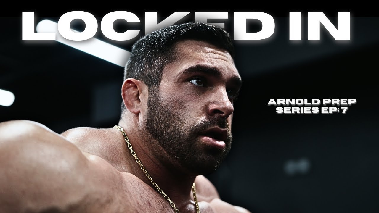 YouTube post by @dereklunsford_ for Megafit Meals. Caption reads: Back Workout | Arnold Classic 7 Weeks Out.