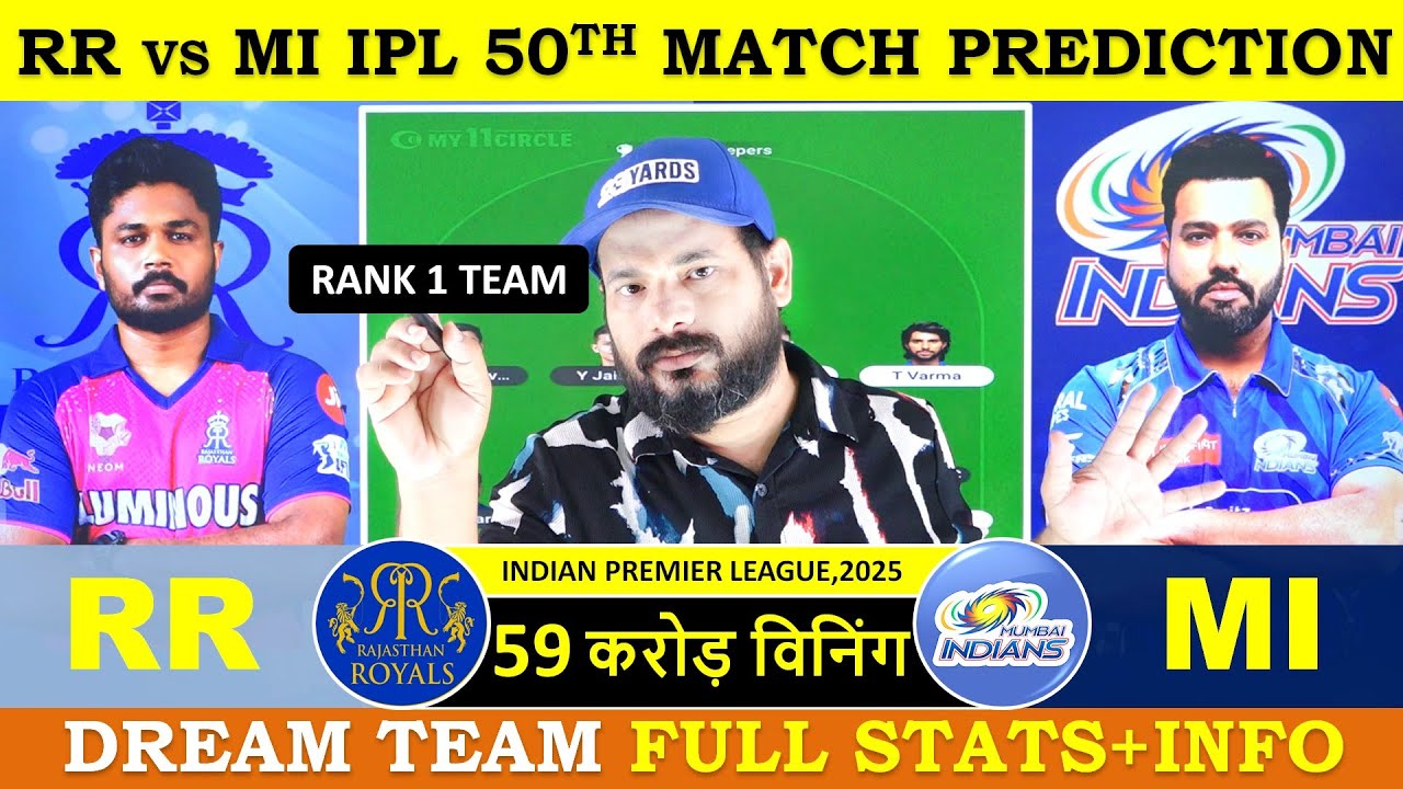 YouTube post by @crickotologic for My11Circle. Caption reads: RR vs MI Today Match Prediction | Rajasthan Royals....