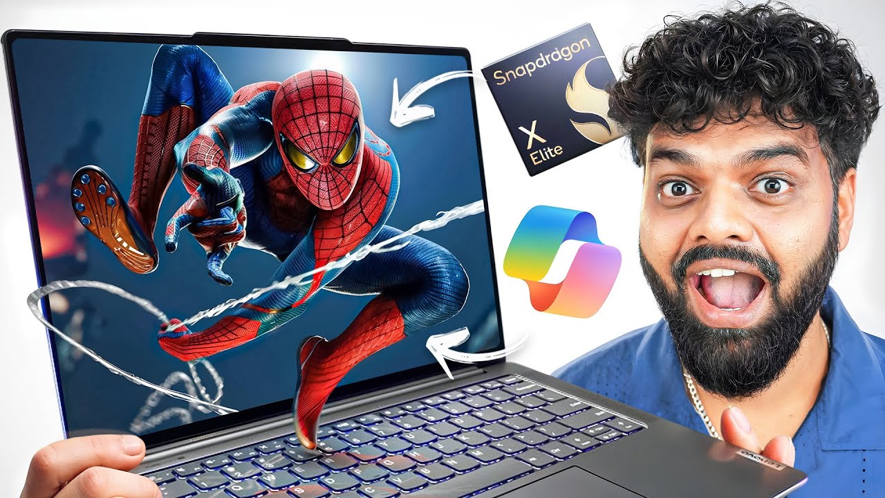 YouTube post by @TechyPathshala for Qualcomm. Caption reads: Lenovo Yoga Slim 7x - Powered By Qualcomm....