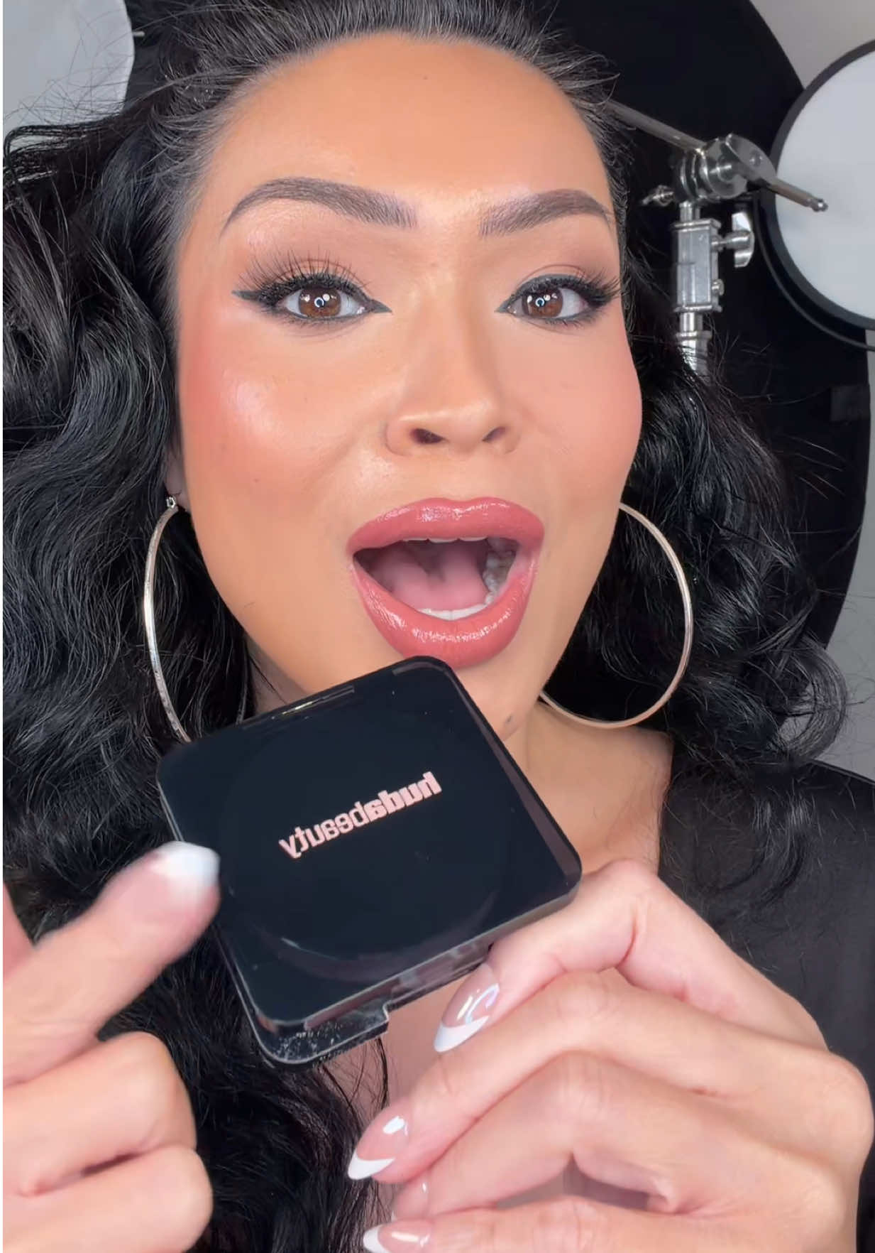 TikTok post by @glamzilla for Huda Beauty. Caption reads: EASY BAKE PRESSED!!!!!!!  THIS IS WHAT WE HAVE....