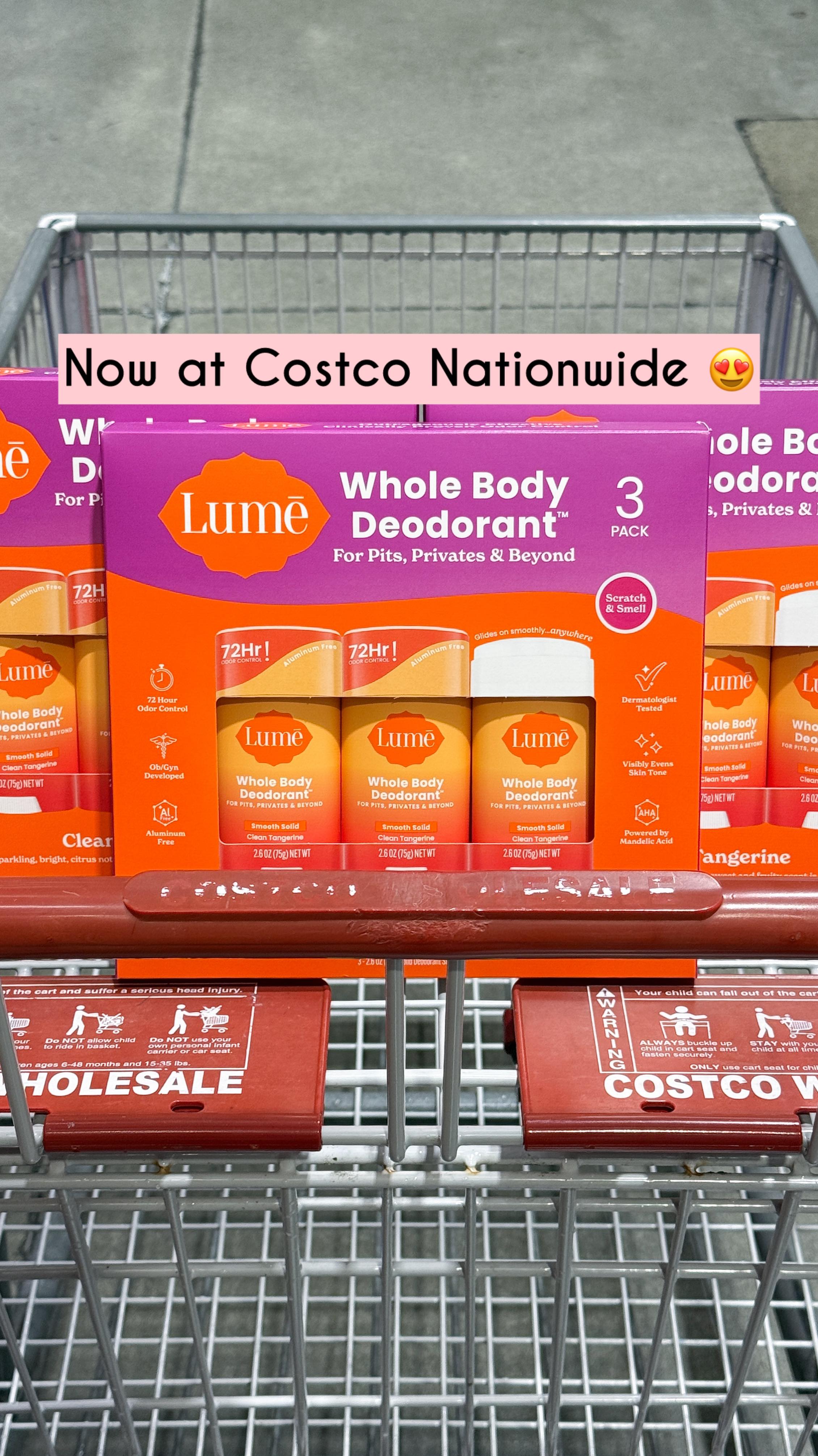 Instagram post by @costcoaisles for Lume Deodorant. Caption reads: You can now find @lumedeodorant Whole Body....