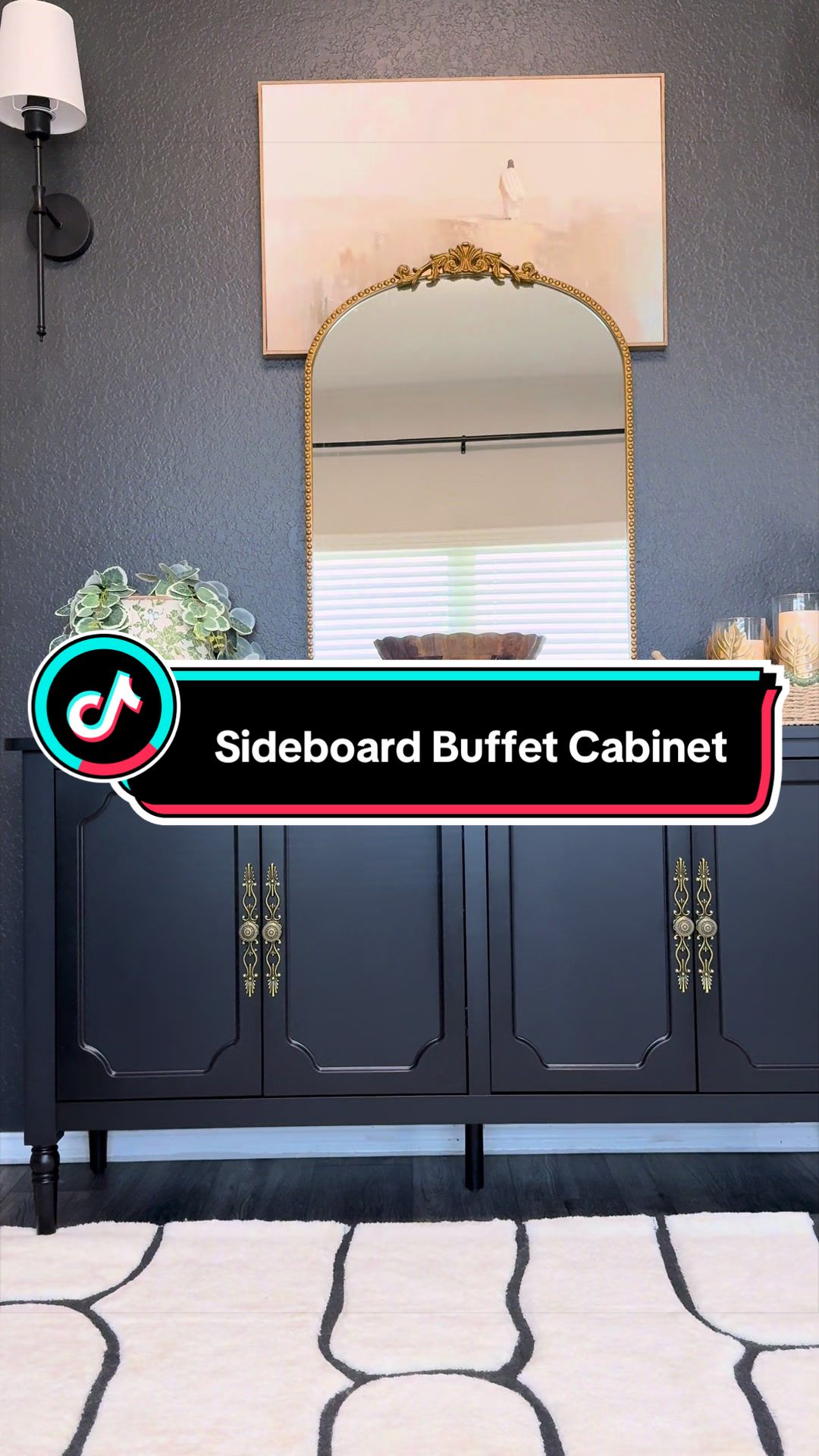TikTok post by @homewithkasandra for Royalcraft. Caption reads: [...] #tiktokshop #furniture #buffetcabinet....