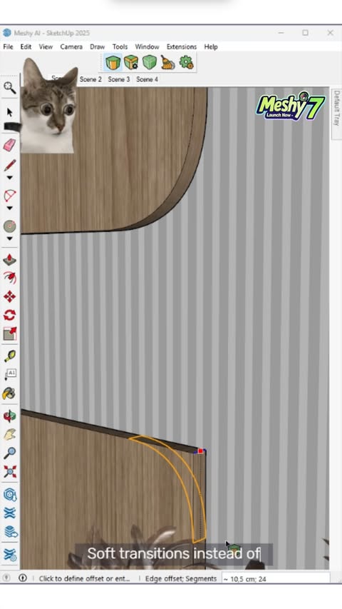 Instagram post by @sketchup_deniz for Meshy. Caption reads: From image to 3D in seconds with Meshy 7. 🚀 Fast,....