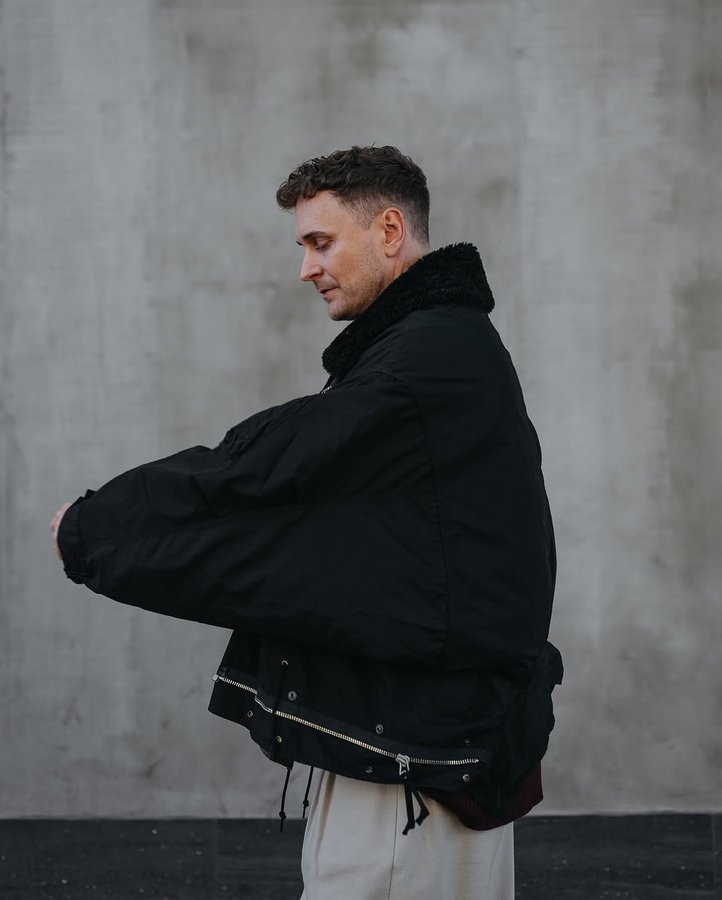 Instagram post by @raffaelpayr for Alpha Industries. Caption reads: [...] @beautifulpeople_officialsite x Alpha....