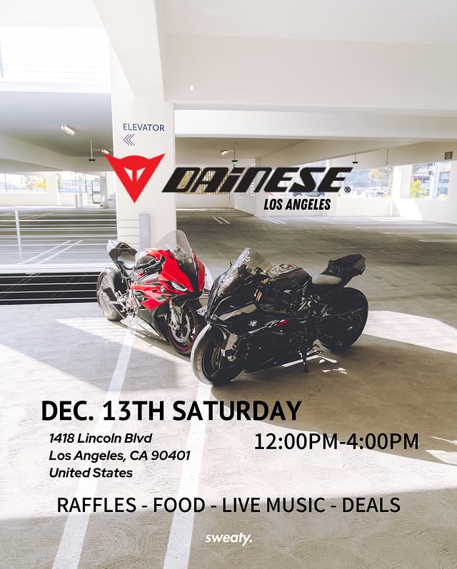 Instagram post by @leanns1k for Dainese. Caption reads: COME OUT TO DIANESE LOS ANGELES DEC. 13TH....