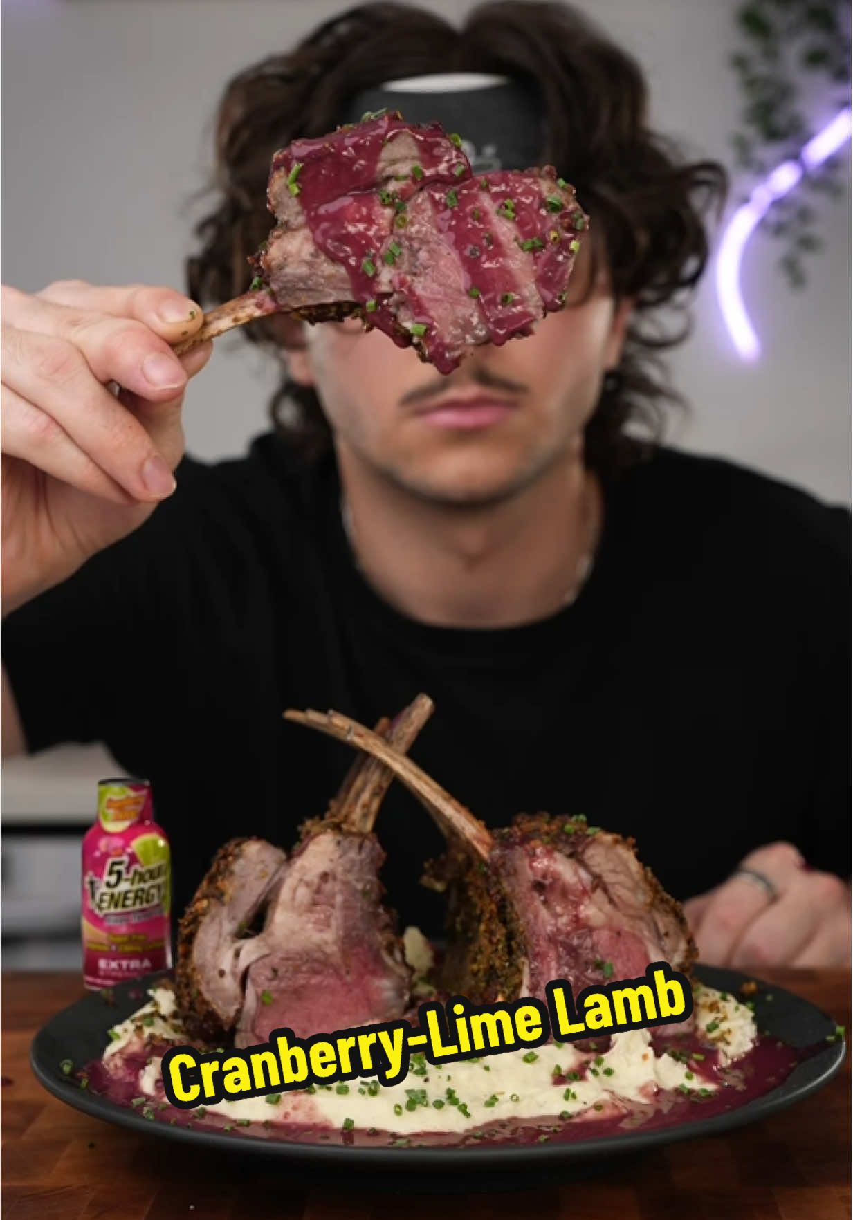 TikTok post by @ryancantcook for 5-hour ENERGY. Caption reads: Cranberry-Lime Lamb w/ @5-hour ENERGY as the....
