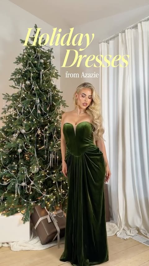 Instagram post by @katefert for Azazie. Caption reads: [...] loading… which dress am I wearing? 🎄✨....