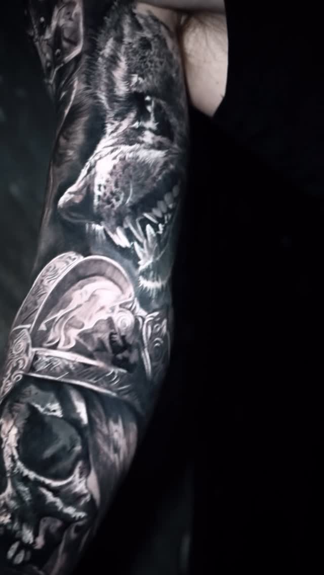 Instagram post by @ademtattoo for Fkirons. Caption reads: Viking sleeve for Viking boy! 
Partly healed part....