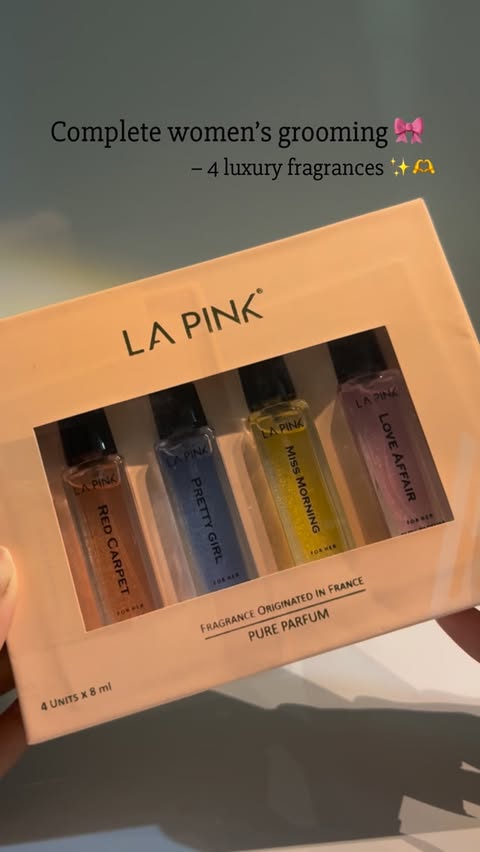 Instagram post by @reena4april for La Pink. Caption reads: Your luxury perfume set from @lapink.in #ad....