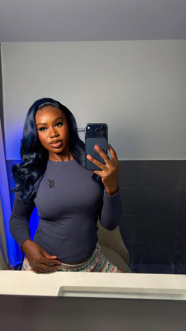 Instagram post by @nicola.bleu for Arabella Hair. Caption reads: Would you get this color?💙😍 Use coupon code for....