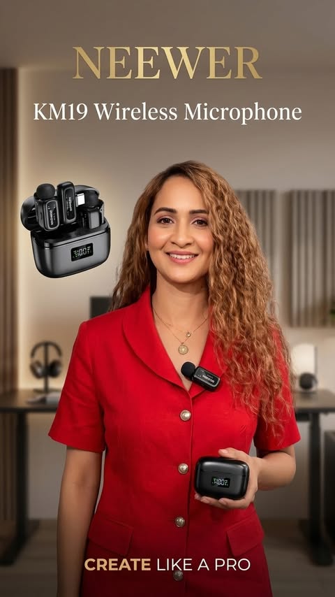 Instagram post by @virgotrendz for NEEWER. Caption reads: [...] is 😅🎬 I’ve been using the Neewer Mic KM19,....