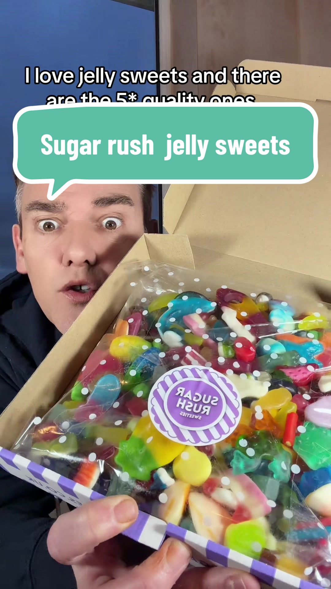 TikTok post by @peterb1668 for Sugar Rush Sweeties. Caption reads: Oh these @SugarRushSweeties jelly non fizzy sweets....