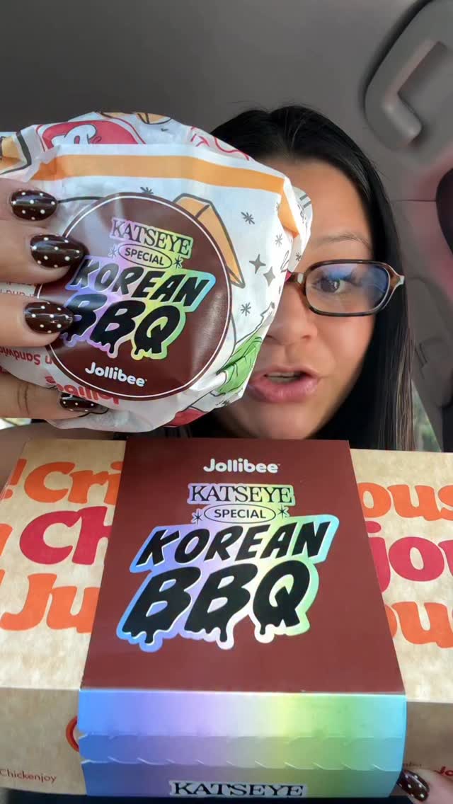 Instagram post by @theangelfoodie25 for Jollibee US. Caption reads: TRYING THE @jollibeeus X @katseyeworld COLLAB....